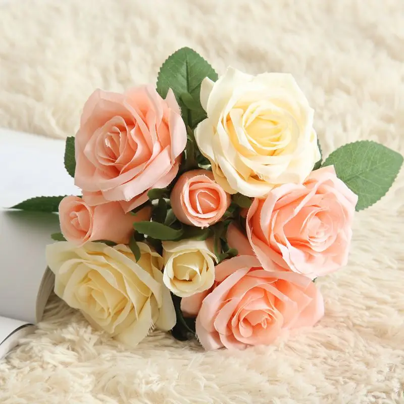 Высокое качество! 8 шт./Букет искусственных цветов шелковые розы Букет невесты Вечерние сувениры для украшения дома свадебные принадлежности - Цвет: Yellow Peach