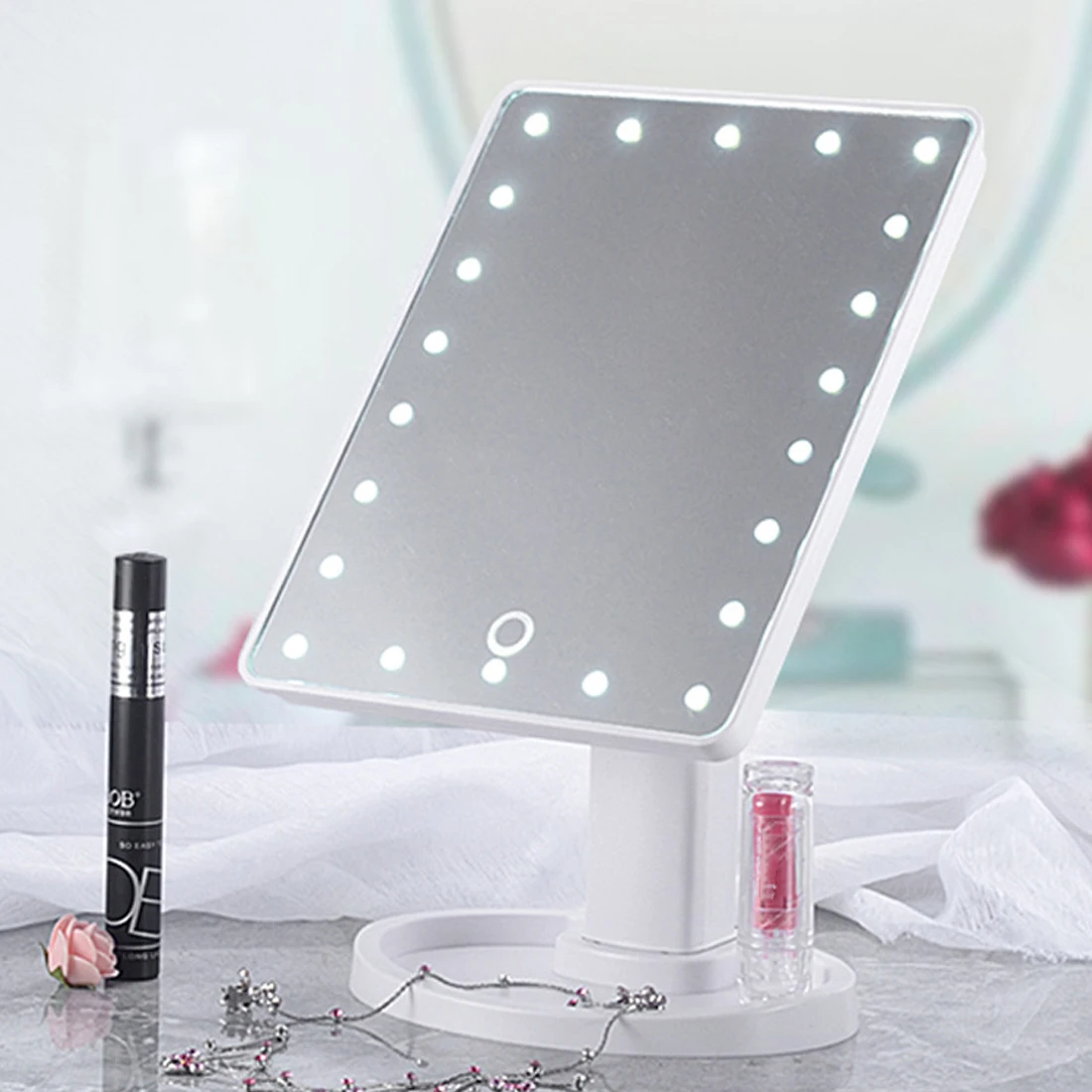

Portable touch sensing 360 degree rotating mirror desktop storage vanity mirror adjustable 16/22 LED luminous makeup mirror