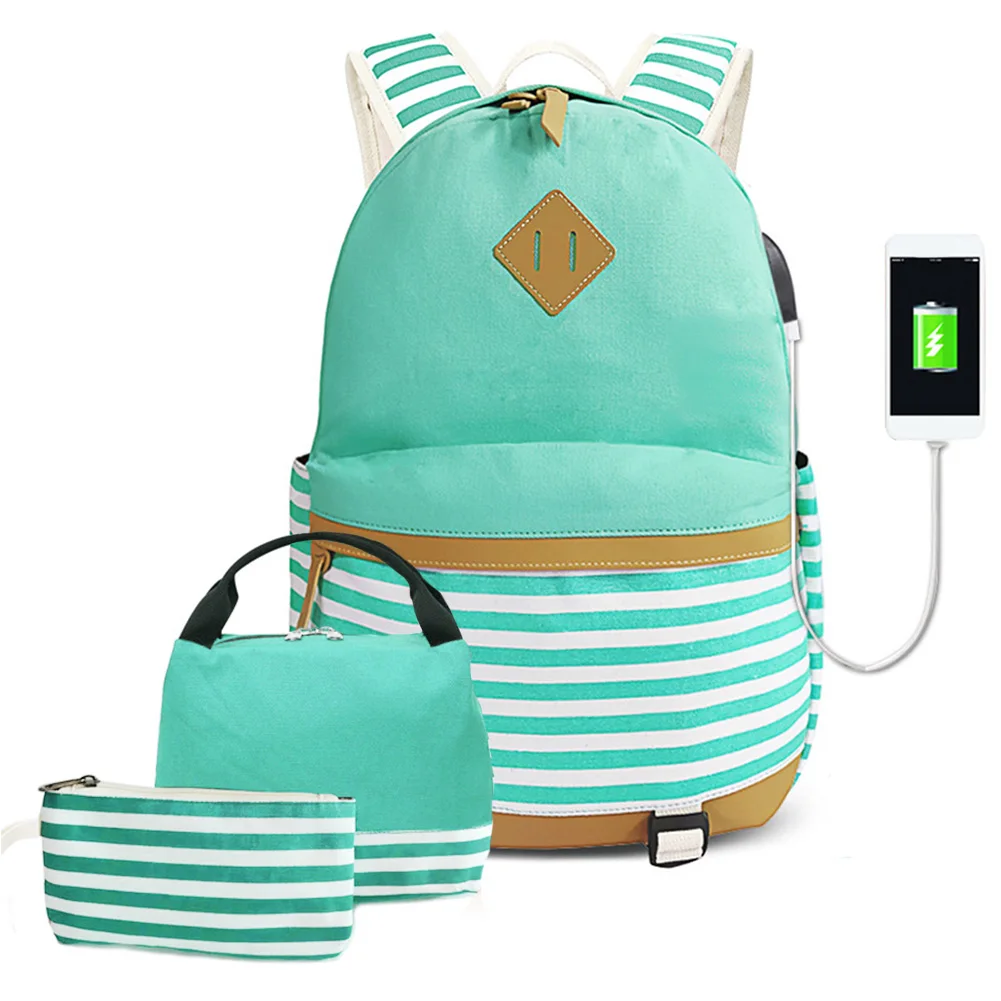 

Women Men With USB Port Laptop Large Capacity Casual Pencil Case Backpack School Bag Canvas Striped Travel Adjustable Strap