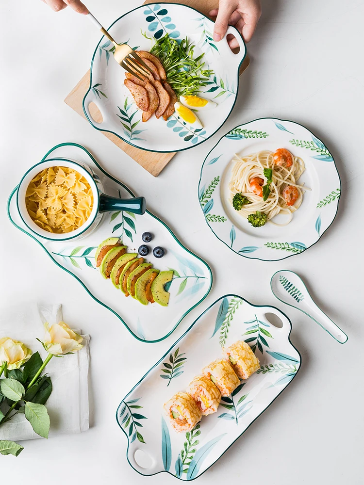 

EECAMAIL Green Leaves Fresh Underglaze Color Ceramic Tableware Home Western Plate Salad plate Fruit Plate Dinner Bowl Soup Bowl