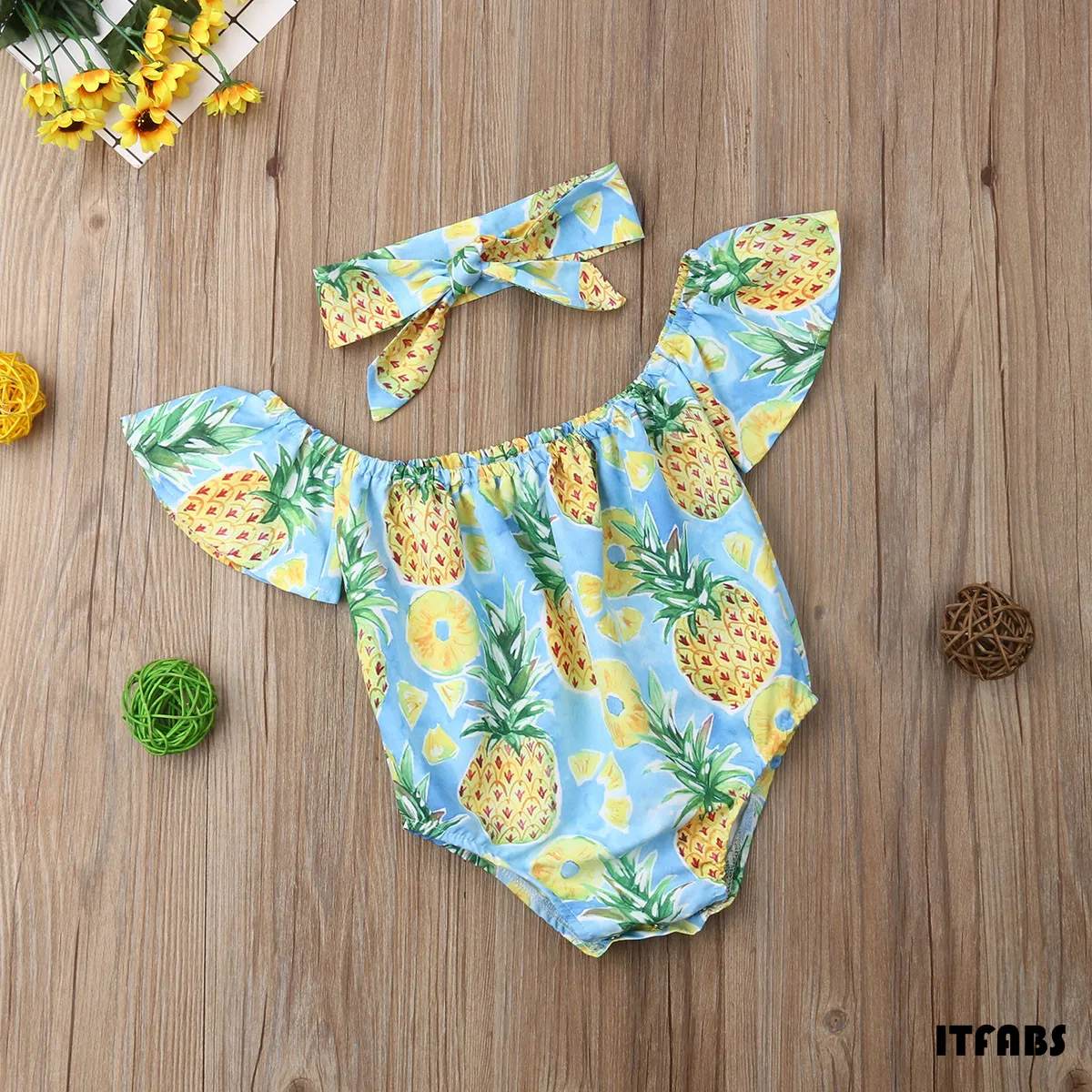 Детский комбинезон с ананасом для новорожденных мальчиков и девочек, комбинезон с открытыми плечами, рубашка, Летний комбинезон для малышей, цельная одежда