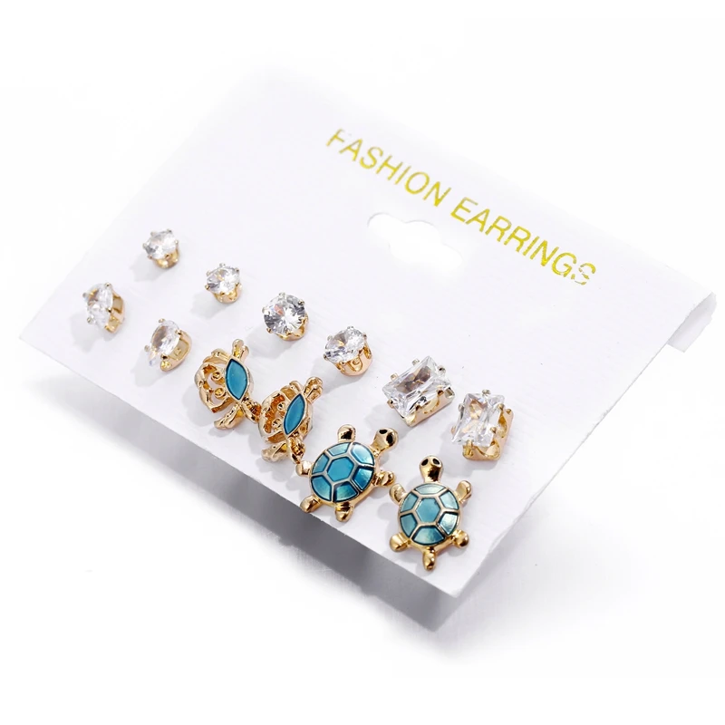 

SHUANGR Boho 6 Pairs/Set Mixed Color Round Stud Earrings Sets Crystal Turtle Ball Shape Earrings For Women Fashion Jewelry Gift