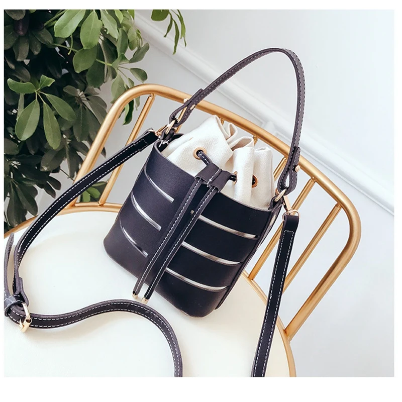 

Drawstring Bucket Bag For Women Mini Pu Leather Crossbody Bags Ladies Shoulder Bags Female Handbags Pure Color