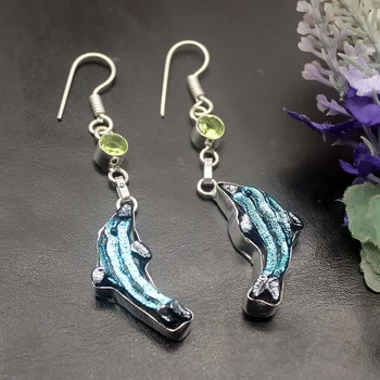 

Dolphin Natural Dichroic Glass Green Peridot 925 Sterling Silver Color Women Dangle Earrings 2 3/4 Inch TF503