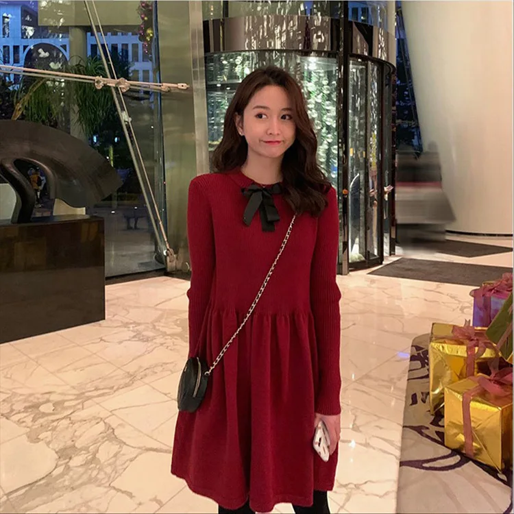

2019 early spring new web celebrity age reduction bow with long sleeve waist knitting dress render students