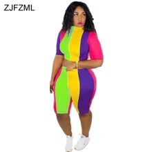 Rainbow Striped Sexy 2 Piece Set Women O Neck Short Sleeve Crop Top And Bodycon Knee-Length Shorts Summer Two Piece Club Outfit Rainbow Striped Sexy 2 Piece Set Women O Neck Short Sleeve Crop Top And Bodycon Knee-Length Shorts Summer Two Piece Club Outfit