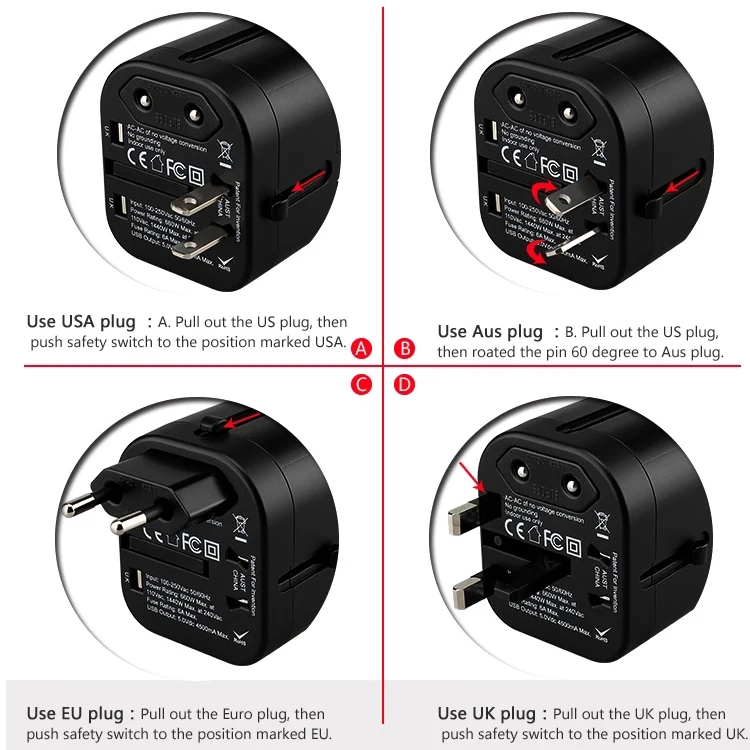 Универсальный дорожный переходник с разъемами usb type C 4.5A и EU US UK US для всех стран CE. ROHS. FCC утвержден 166C