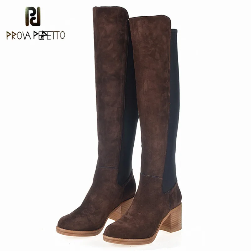 

Prova Perfetto 2018 Autumn Winter Genuine Leather Thick Heel Woman Boots Look Thin Keep Warm Long Boots Large Size Cotton Boots