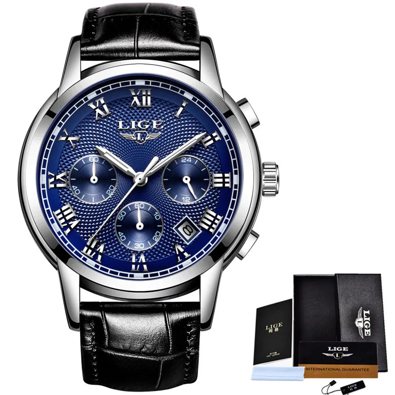 LIGE модные спортивные мужские часы Топ бренд класса люкс золотые кварцевые часы мужские кожаные водонепроницаемые военные наручные часы Relogio Masculino - Цвет: Silver Blue