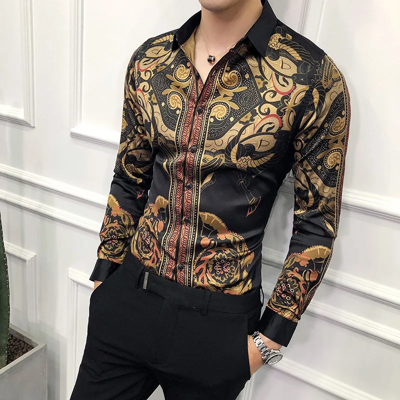 Black Gold Print Shirt 2017 New Baroque Slim Fit Party Club Shirt Men Camisa Homem Male Long Sleeve Shirt Oversize 4XL Hip Hop