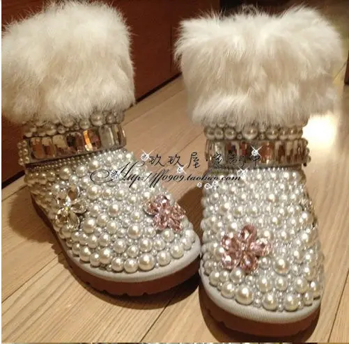 

designer luxury Diamond pearl rabbit hair gem women snow boots, hand make Fashion Women Brand Winter Genuine Leather Fur Boots