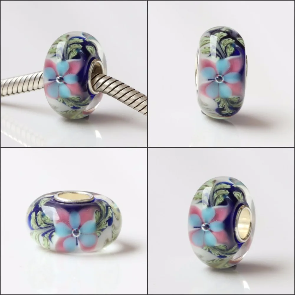 925 Sterling Silver Bead With Flower Glass Charms Compatible Fit Troll European Brand  DIY Bracelet Jewelry Gift For Woman (9)