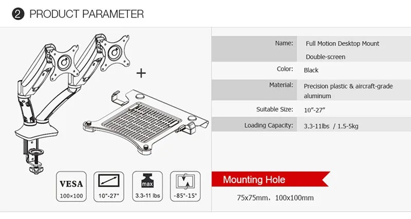 Настольный полный движения газовая пружина для двух мониторов крепление Дисплей Подставка для 1"~ 27" монитор и 1"~ 15,6" Ноутбук Max Suppprt 5 кг на руку