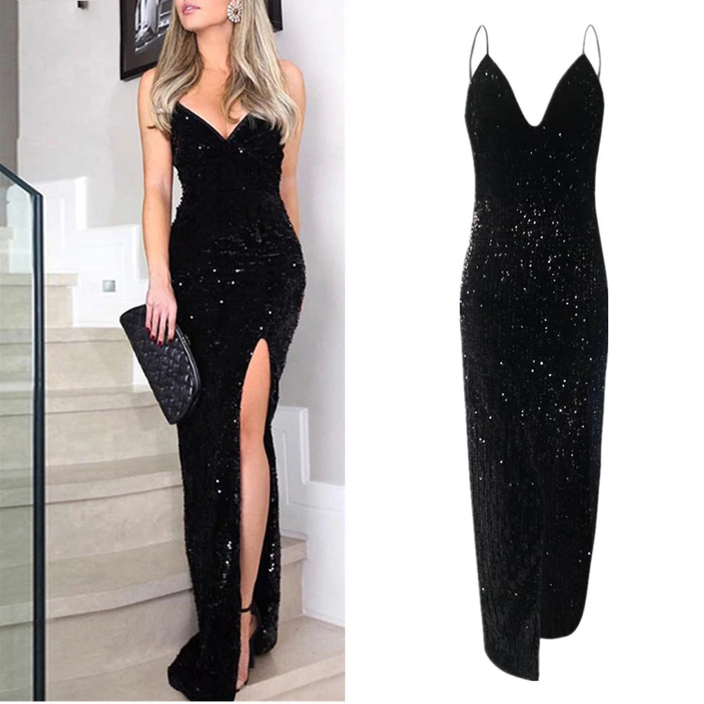 

Sleeveless long sequin dress Women high slit spaghetti strap dresses Sexy V neck club party dress Maxi black sequin vestidos
