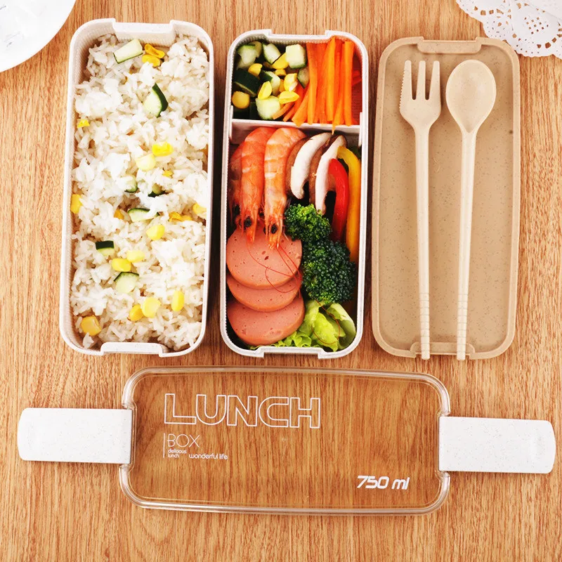 

750ml 2 Layer food container japanese bento box meal prep kids lunch box microwavable Fruit and vegetable salad box Wheat Straw