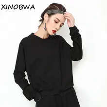 Европа Новинка Осенняя женская уличная мода с круглым вырезом и длинным рукавом Свободная Асимметричная футболка Топы женские повседневные черные рубашки