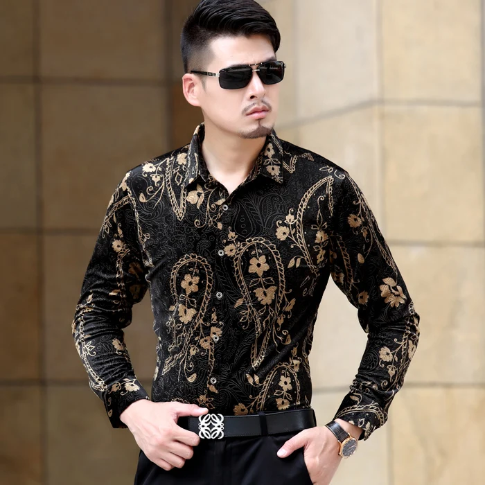 2017 Spring Cashew flowers Print Shirts Mens Business Casual Camisa Slim Fit Gold and Black Mens 
