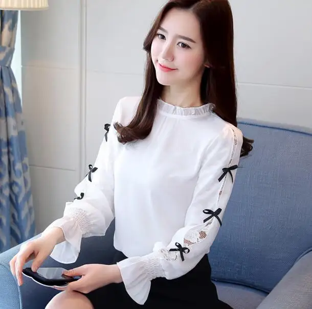 Dingaozlz Корейская женская одежда с бантом, кружевные топы, элегантная женская шифоновая блузка с длинным рукавом, Повседневная шифоновая рубашка - Цвет: white