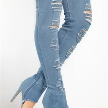 Новые дизайнерские женские пикантные сапоги-гладиаторы выше колена из джинсовой ткани джинсовые сапоги до бедра с вырезами Очаровательная обувь