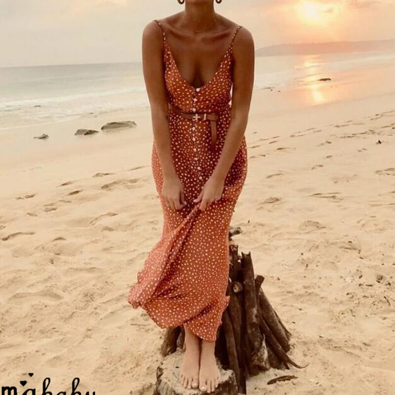 

Summer Polka Dot Dress Women Bandage Sexy V-neck Tunic Boho Beach Dress Spaghetti Strap Sundress Robe Femme Vestidos