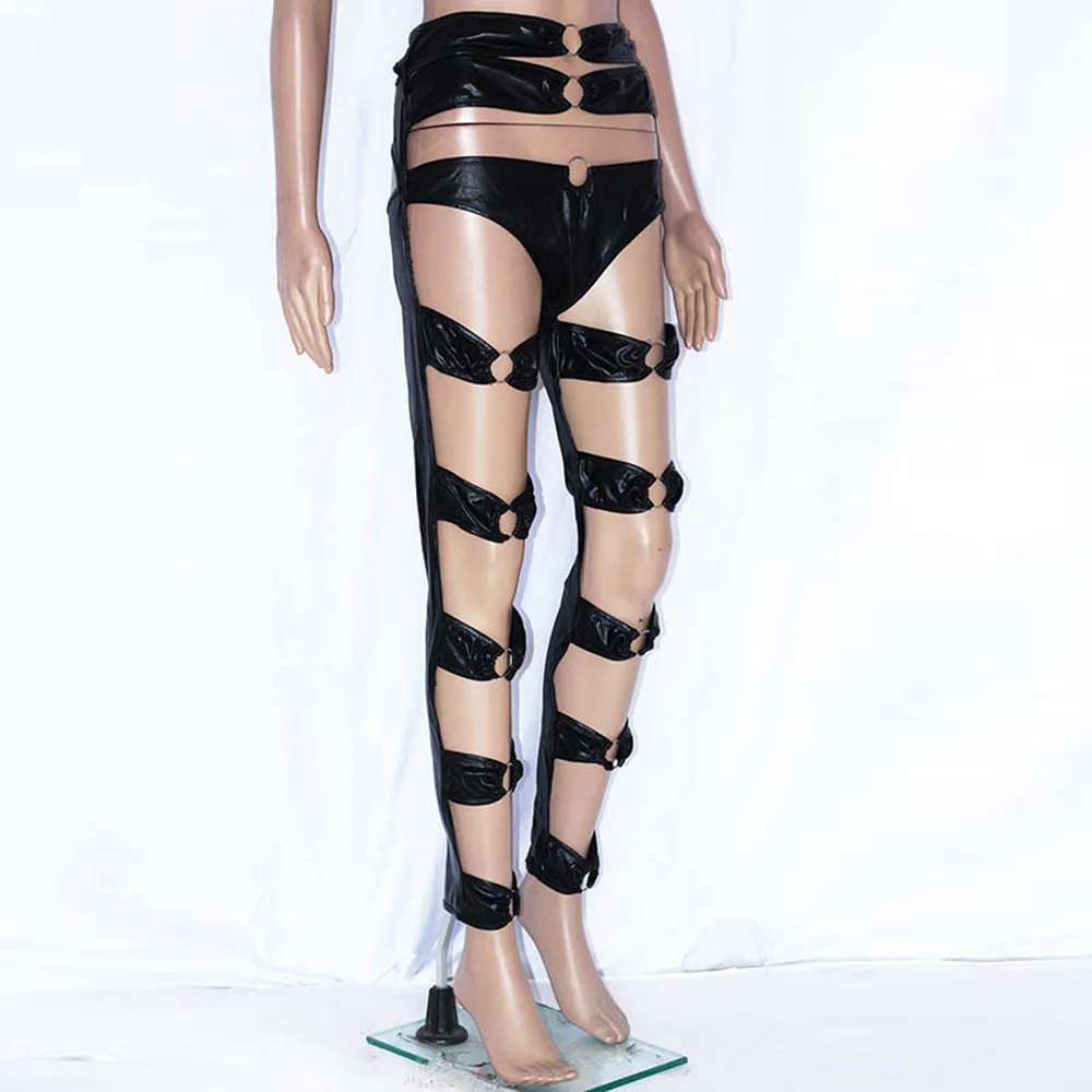 Wetlook Vinyl Pant Women Black Novelty Hollow Out Apparel Open Hip Fetish Leggings Clubwear Leather Pole Dance Hot Pant (5)