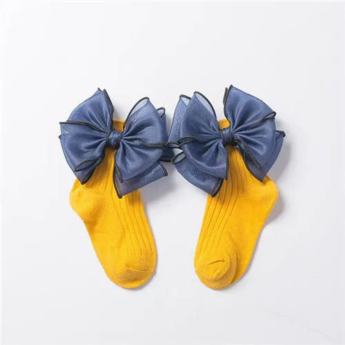Короткие носки для новорожденных, зимние кружевные носки с бантом для девочек, хлопковые носки принцессы для девочек, модная детская одежда для девочек 1, 2, 3, 4, 5, 6, 7, 8 лет - Цвет: Цвет: желтый