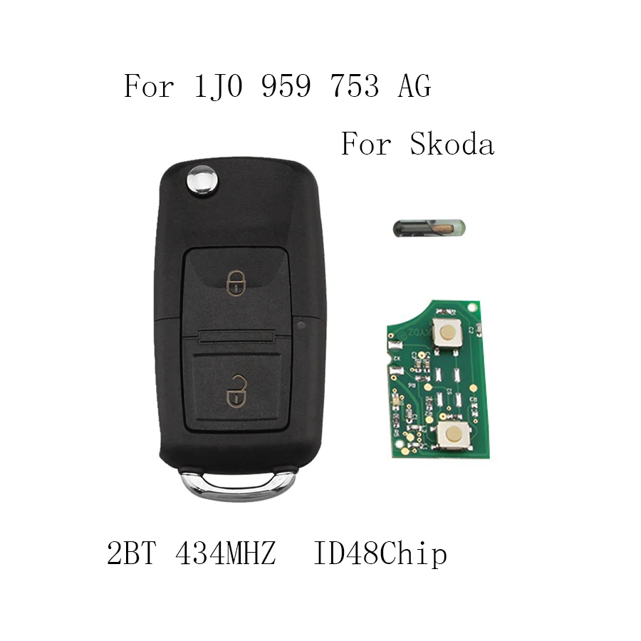 

2Buttons 434MHZ Remote Key for SKODA Fabia Superb Octavia I 2002-2007 Car Key 1J0959753AG 1J0 1JO 959 753 AG with ID48 Chip