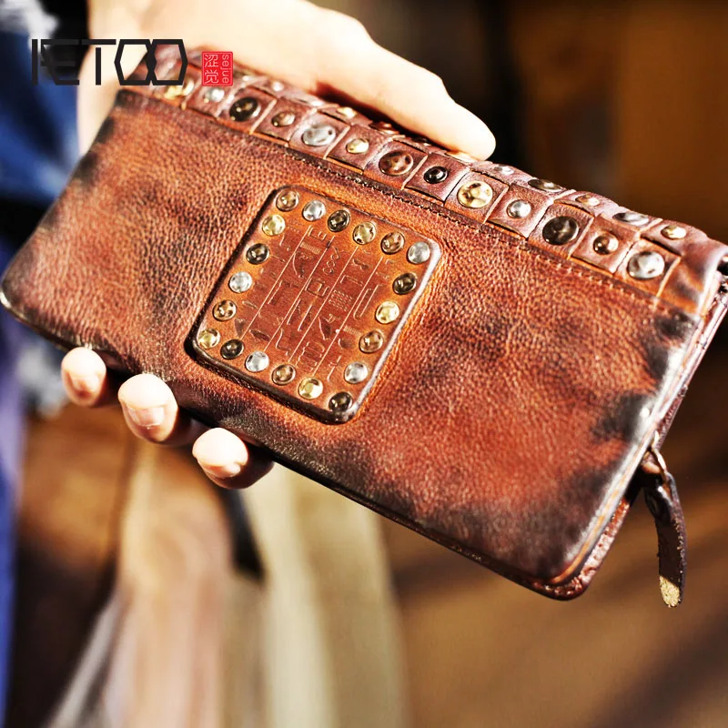 

BJYL Personality rivets street fashion head layer cowhide retro tide male cross section leather long paragraph Vintage wallet