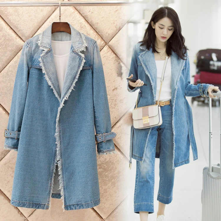 

2019 Spring New Pattern Belt Waist fringe Hem Full Sleeve Side Split Jacket Ladies Fashion Denim Long Coat