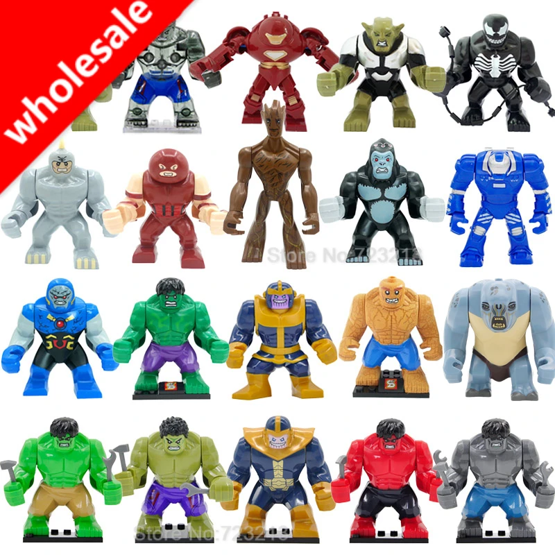 

Wholesale 10pcs Super Heroes Big Figures Venom Hulk Darkseid Gorilla Grodd Ironman Mark 38 Igor Cave Troll Building Blocks Toys