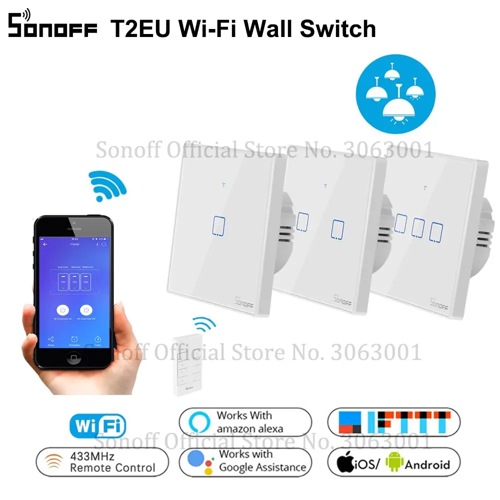 

SONOFF T2EU TX Smart Wifi Wall Touch Switch With Border Smart Home 1/2/3 Gang 433 RF/Voice/APP/Touch Control Work With Alexa