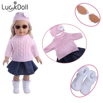 

LUCKDOLL Knitted Sweater Denim Skirt Glasses Fit 18 Inch American 43cm Baby Doll Clothes Accessories,Girls Toys,Generation,Gift