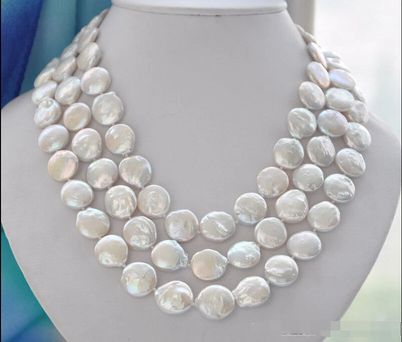 

00043 nautral 3row 19" 14mm white coin freshwater pearl necklace