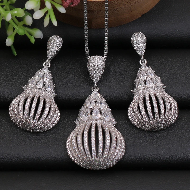 

Lanyika Jewelry Set Exquisite Cucurbit Full Zircon Micro Paved Necklace with Earrings for Anniversary Wedding Bridal Best Gift