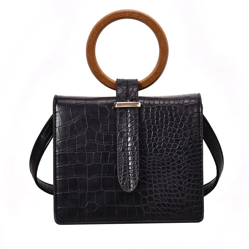 

Retro Shoulder Messenger Bag 2019 Wood Ring Ladies Handbags PU Leather Women Bags Female Tide Version Small Square Bucket Bag