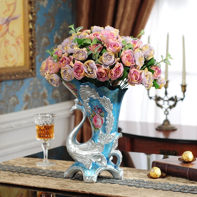 

Modern Resin Luxury Phoenix Vase+Artificial Flower Set Decor Livingroom Silk Rose Fake Flowerpot Home Figurines Craft Decoration