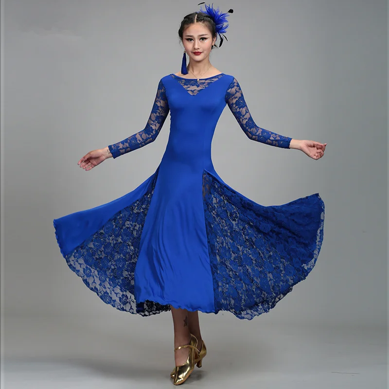Sexy Lace Mesh Long Sleeve Ballroom Dance Costume Clothes Women Standard Ballroom Dancing Dresses
