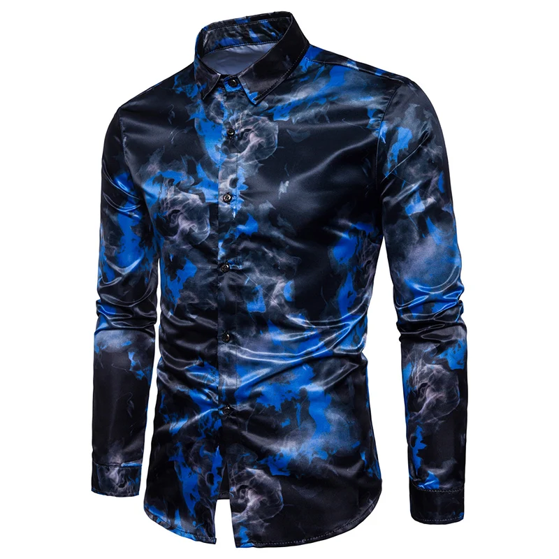 Vente Hommes 2017 nouveau style de Personnalité Chemise décontractée hommes rouge bleu flamme Numérique motif coton robe chemise à manches longues vêtements S XXL