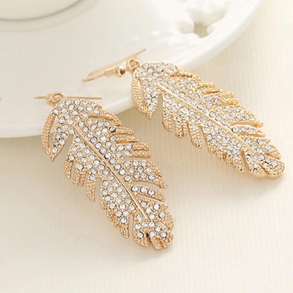 Fashion Stainless Steel Stud Earring Feather Gold Earrings With Zircon