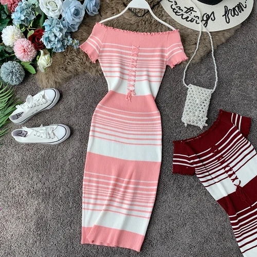 Розовый OCEANLOVE Sexy Dress Women Bodycon Striped Off Shoulder Knitted Midi Dress Summer High Waist Short Sleeve Vestidos 12421 - Цвет: Розовый