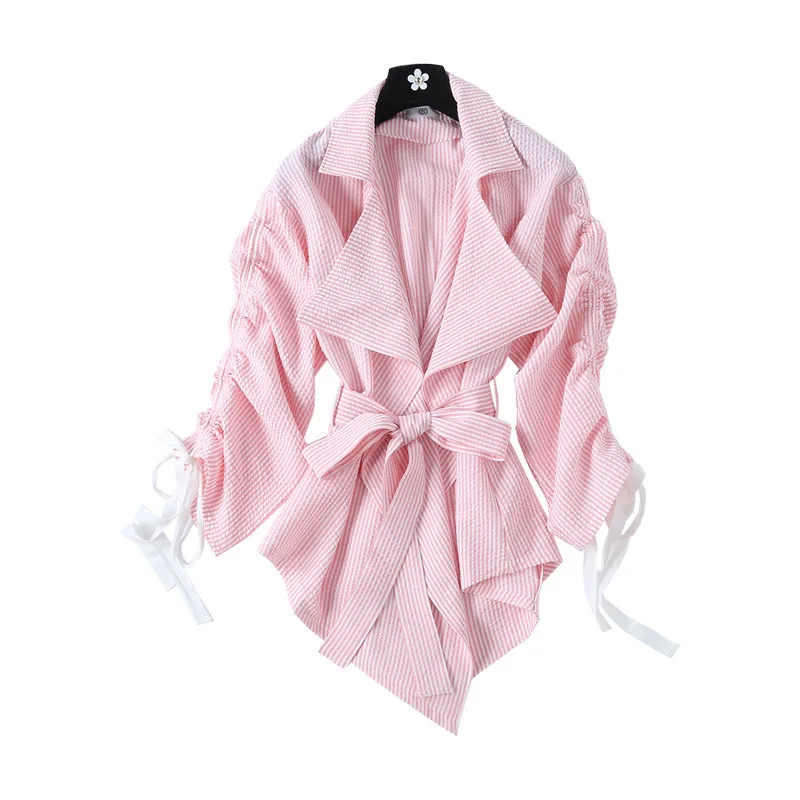 

2019 early spring European and American women's pink irregular large ruffled drawstring fashion casual loose coat female