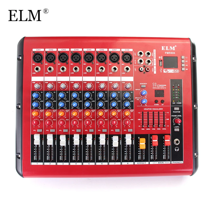 

ELM Professional 8 Channel DJ Mixer Controller With bluetooth USB Built-in 48V Phantom Power Karaoke Audio Sound Mixing Console