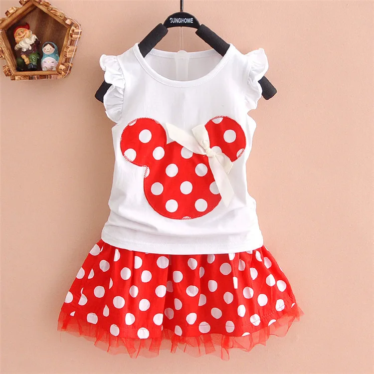 

Girls Outfits O-neck Cotton Mesh Dresses for Girls 2pcs Suit Clothes Baby Girl Cartoon Little Mouse Bow Print Girls Ruffle Suit