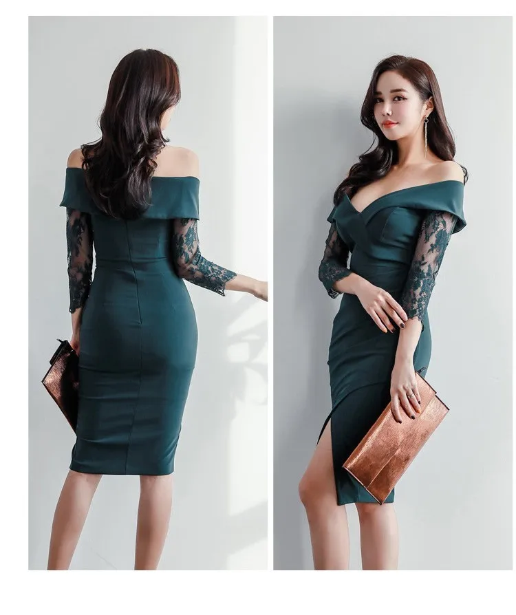 Foamlina Сексуальная с плеча Bodycon оболочка платье для женщин V средства ухода за кожей шеи Цветочный кружево 3/4 рукав спереди разделение вечеринка