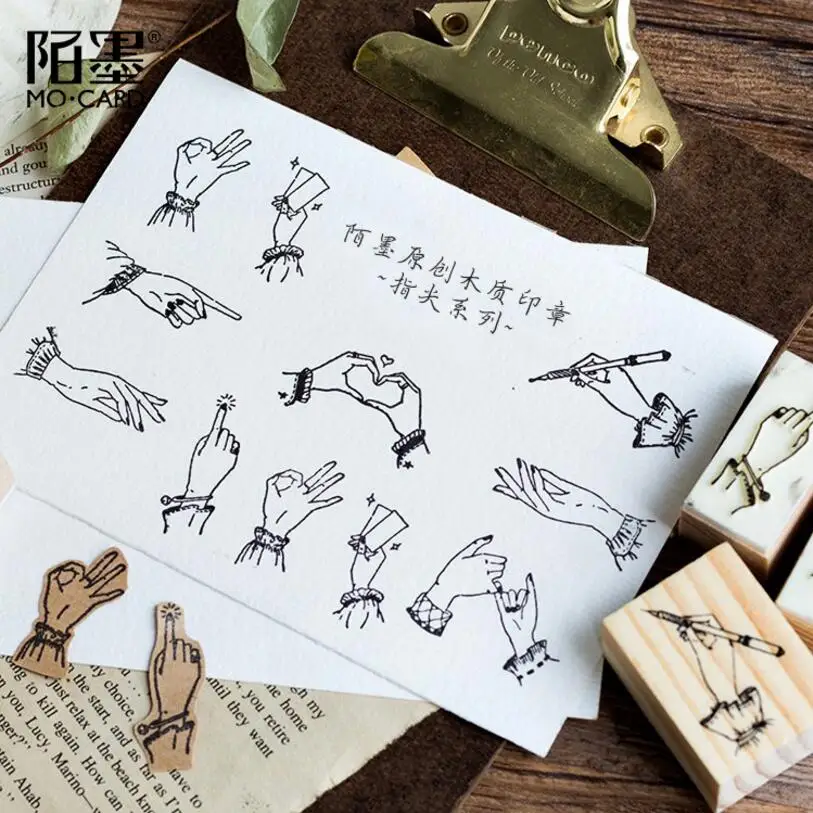 

Vintage Fingertip series Retro gesture seal stamp DIY wooden rubber stamps decoration scrapbooking standard stamp 8 styles