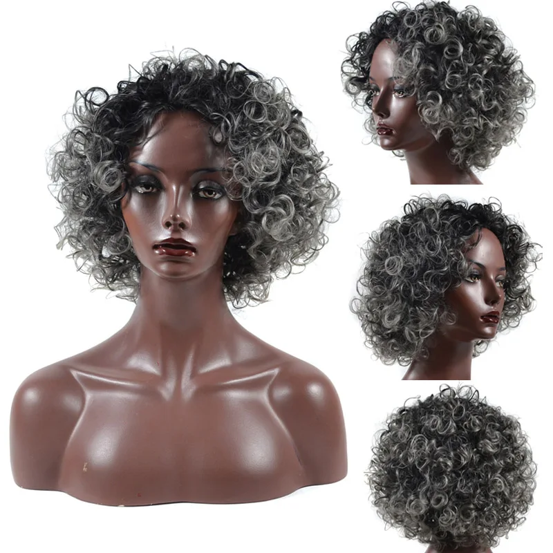 Jeedou короткие вьющиеся волосы парик Синтетический 1" 30 см черный коричневый смесь оттенков серого цвета пушистая прическа для женщин парики