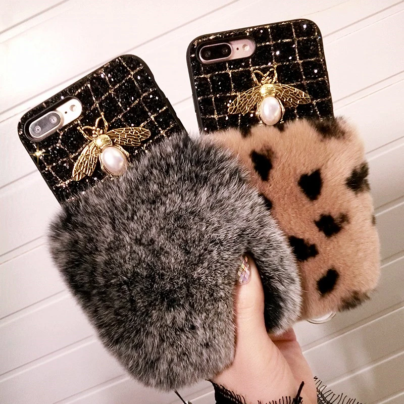 

Fancy Luxury Fashion Rhinestone pearl bee dark grey leopard rabbit furry bling phone case for iphone 6 6s 7 8 plus X XS MAX XR