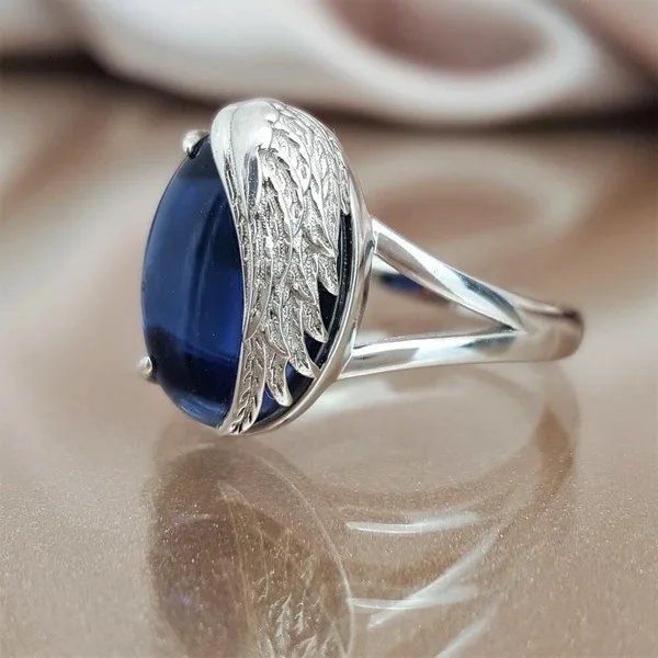 

MOONROCY Silver Color Oval Blue Crystal Rings Wing Party Finger Vintage Jewelry Wholesale for Women Girls Gift Dropshipping