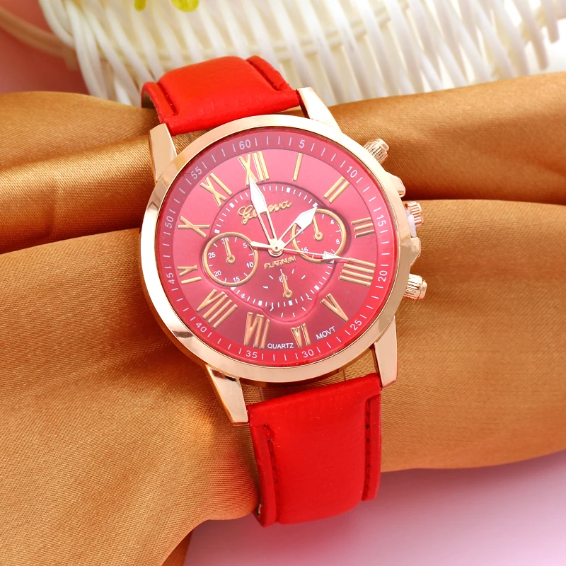 Fashion Women Watch Roman Numerals Faux Red Leather Top Luxury Analog Casual Ladies' Watches Quartz Wristwatch Fashion Jewelry miss fox luxury women quartz watch fashion roman numerals casual watches full diamond rhinestone wristwatch genuine relogios new