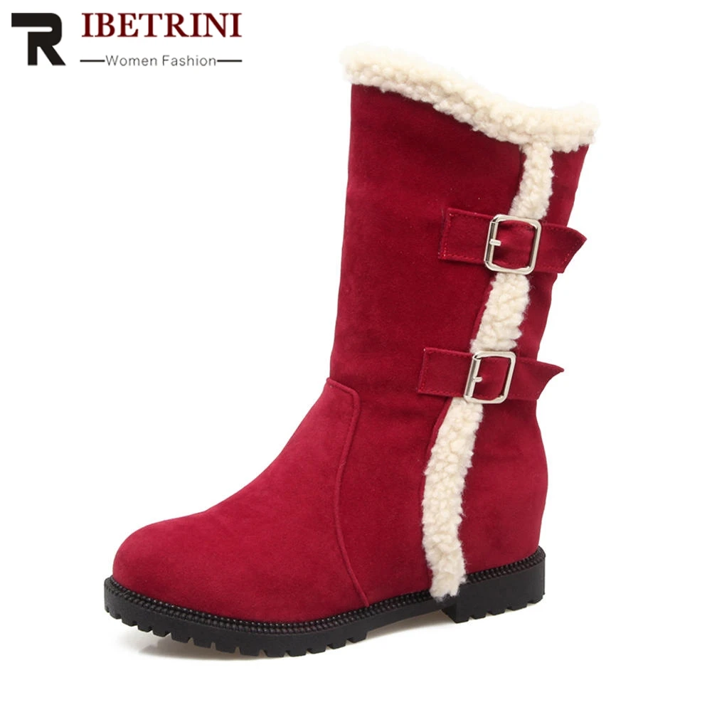 RIBETRINI/Размеры 33-43, Очаровательная зимняя меховая обувь на скрытой резиновой платформе с двойной пряжкой женские зимние сапоги до середины икры